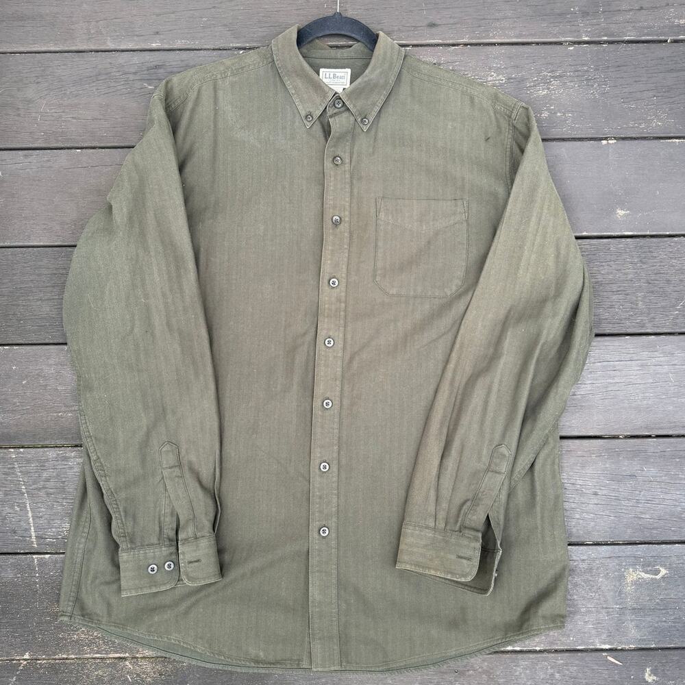 L.L.Bean Men’s XL Tall Olive Herringbone Cotton Button Down Shirt